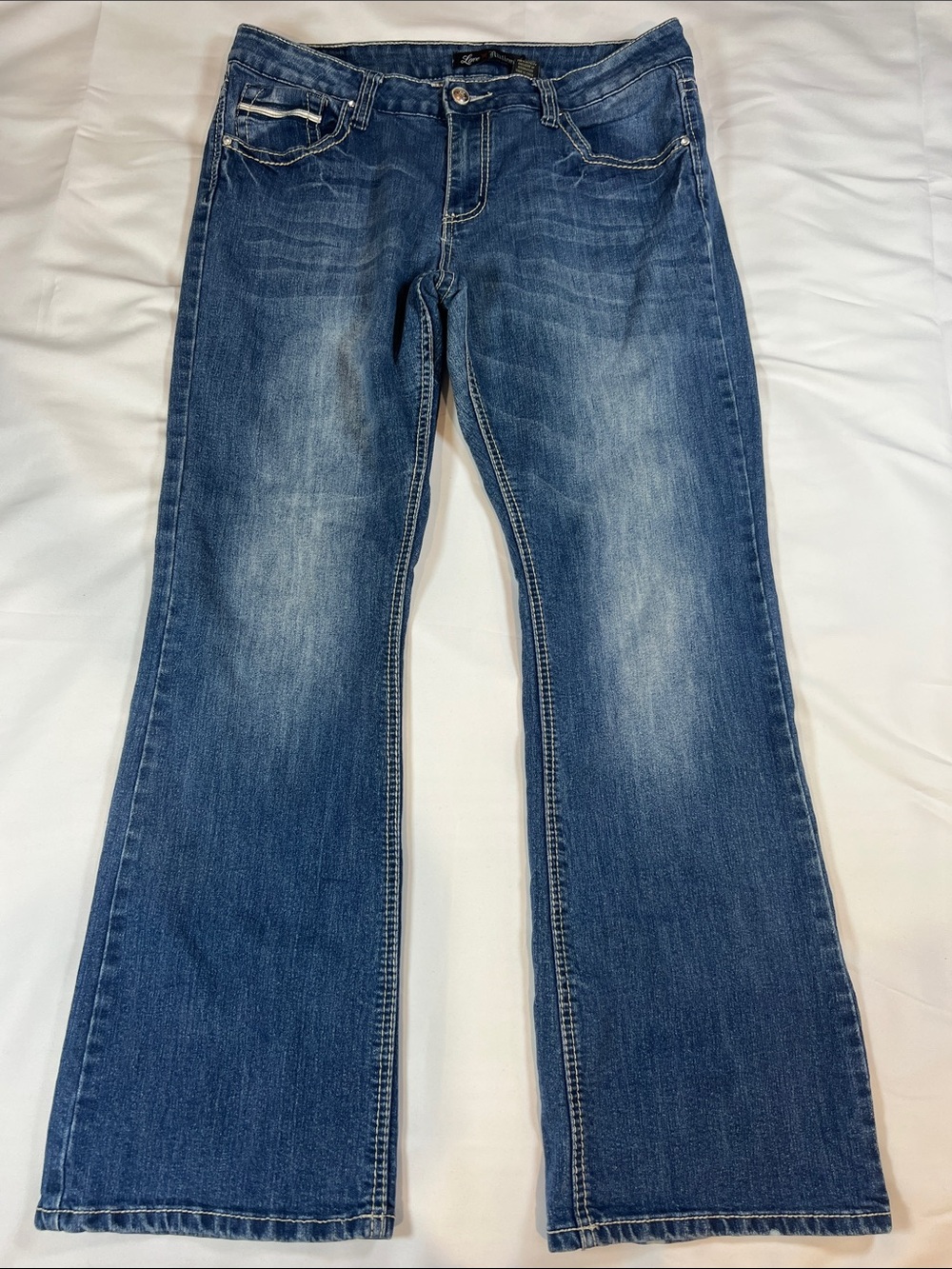 Love Nation Jeans Women's size 14P Flare Faded Wash w/ Rhinestone Back Pockets